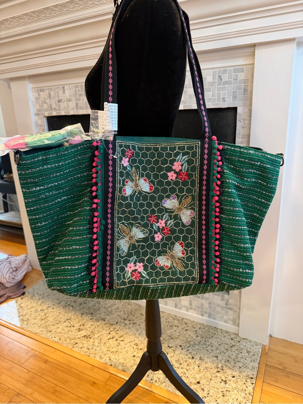 America and Beyond Embroidered Green Bee Tote Bag with Pink Accents